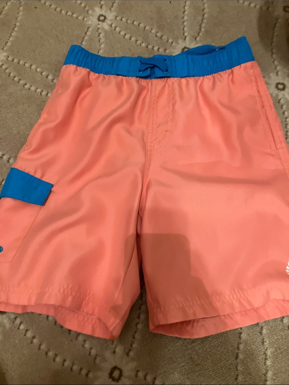 Coral Swim Shorts with Blue Waistband